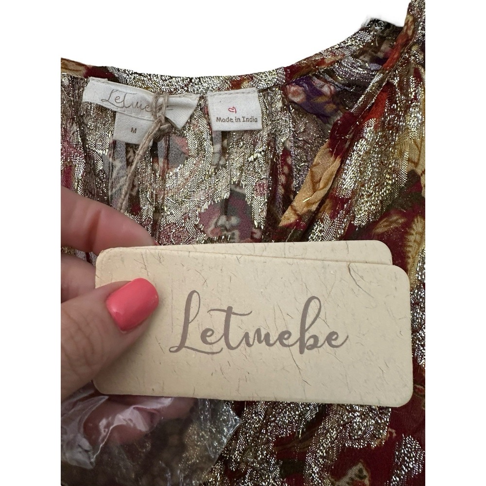 Anthropologie Let Me Be Dress Medium Gold Rainbow Floral Boho Long Sleeve AB14-1 - Picture 2 of 13